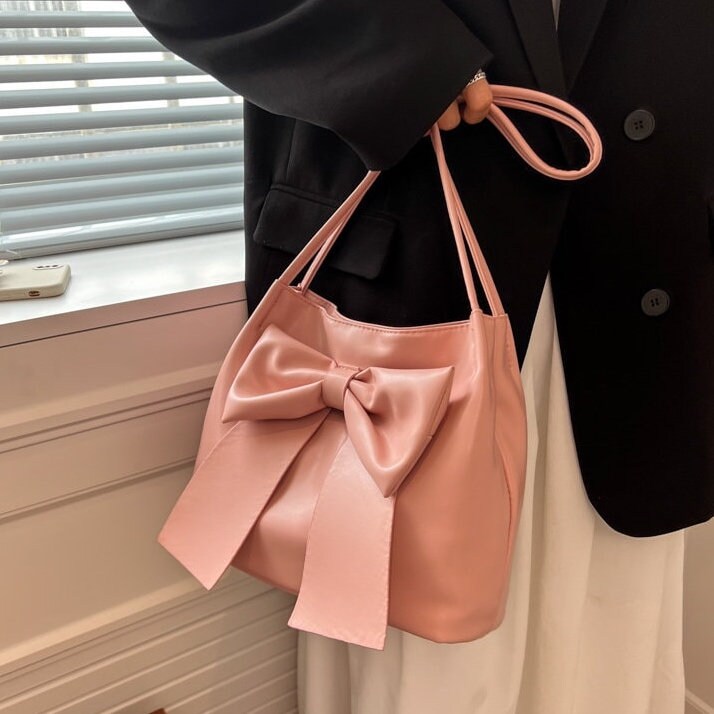 Antmvs Cute Minimalist Vegan Leather Bag, Retro Leather Shoulder Bag, Top Handle Bag for Women, Ribbon Decor Handbag, Handheld Handbag for Women