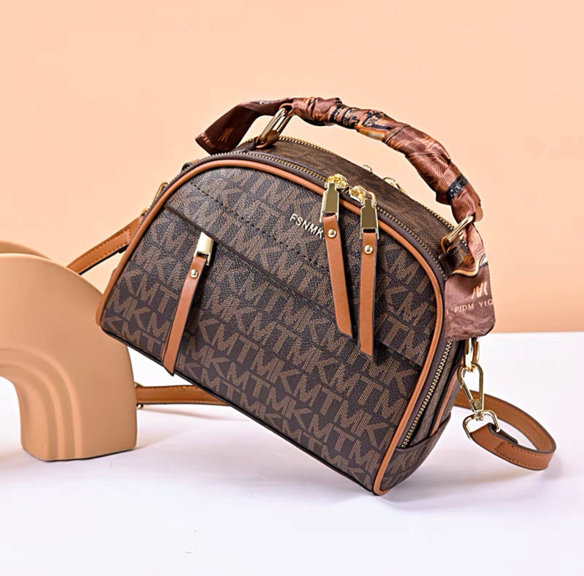 Antmvs Minimalist Simple Monogram Print Brown Bag, Cute Top Handle Bag, Crossbody Zipper Bag for Women, Multi Pocket Handheld Handbag + Silk Scarf