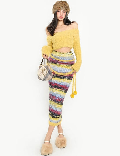 Antmvs Sandra Solid Color Yellow Long Sleeve Off the Shoulder Slim Cropped Top Stripe High Waist Slim Long Skirt Matching Set