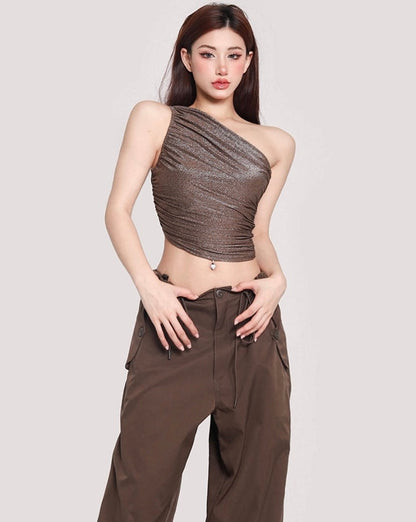 Antmvs Olivia Solid Color Shimmer One Shoulder Pleated Slim Wrapped Cropped Top