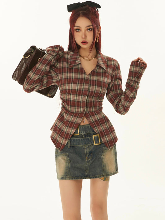 Antmvs Mackenzie Red Plaid Long Sleeve Button Up Ruched Office Shirt Top