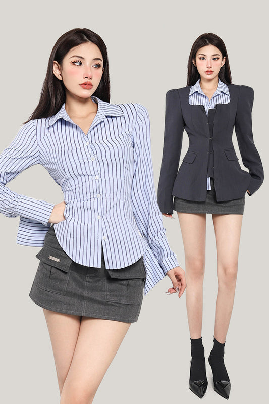 Antmvs Asia Stripe Blue Slim Button Up Long Sleeve Fitted Top