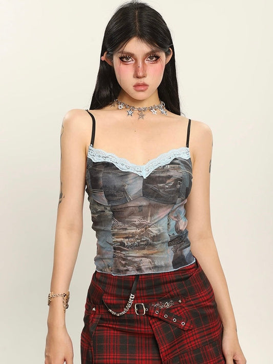 Antmvs Fiona Graphic Image Print Spaghetti Strap V-Neck Lace Patchwork Slim Camisole Top