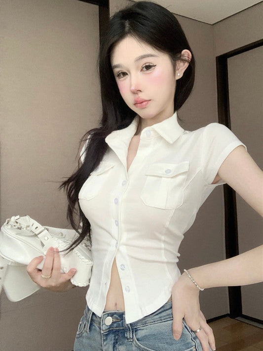 Antmvs Daniella Solid Color Pollo Collar Short Sleeve Button Up Slim Office Shirt Design Top