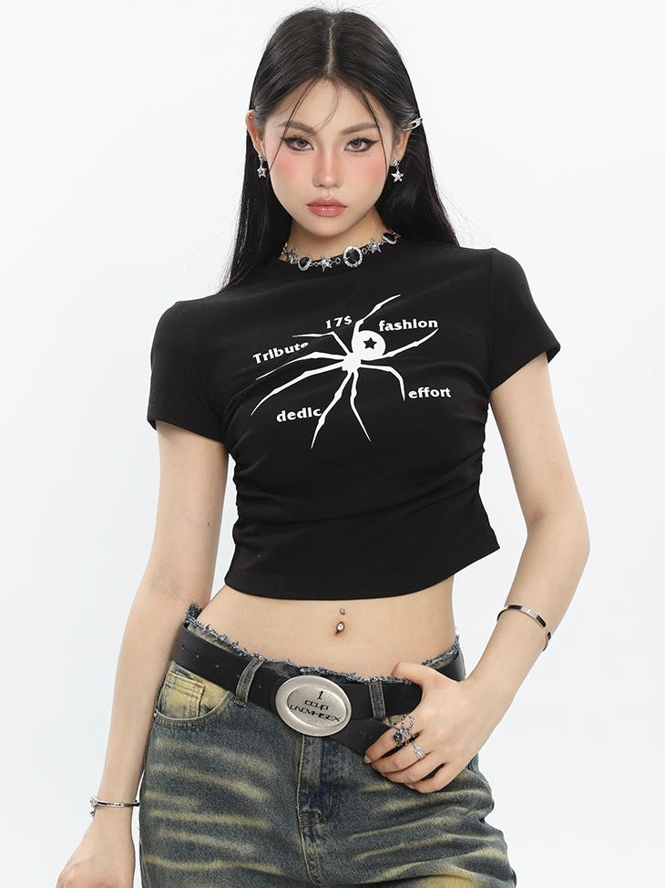 Antmvs Spidergirl Graphic Image Print Short Sleeve Ruched Pleated Cropped Top