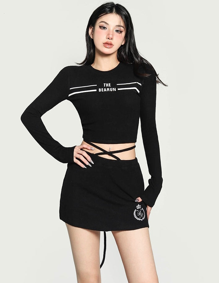 Antmvs THE BEARUN Letter Embroidery Solid Color Black Long Sleeve Cropped Top Lace Up Mini Skirt Matching Set