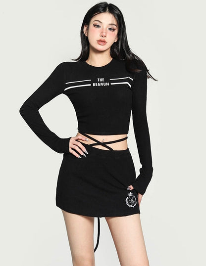 Antmvs THE BEARUN Letter Embroidery Solid Color Black Long Sleeve Cropped Top Lace Up Mini Skirt Matching Set