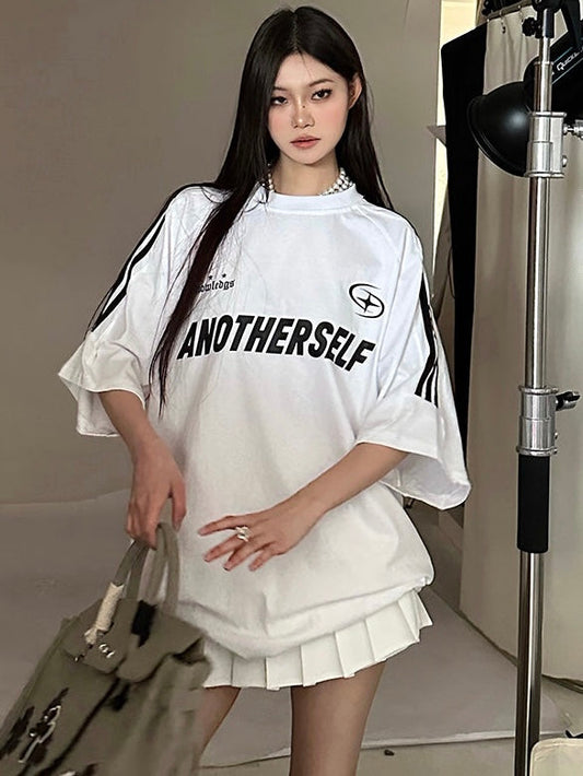 Antmvs ANOTHERSELF Graphic Letter Print Solid Color Loose Short Stripe Sleeve Tee Shirt Top