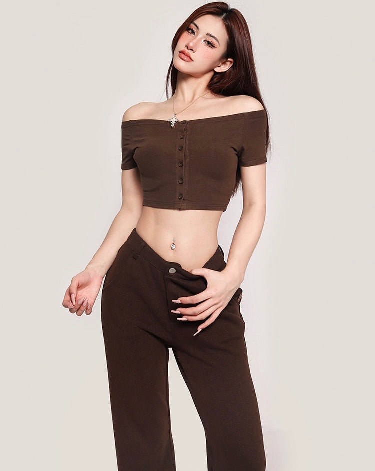 Antmvs Carla Solid Color Off-the-Shoulder Button Up Slim Cropped Top