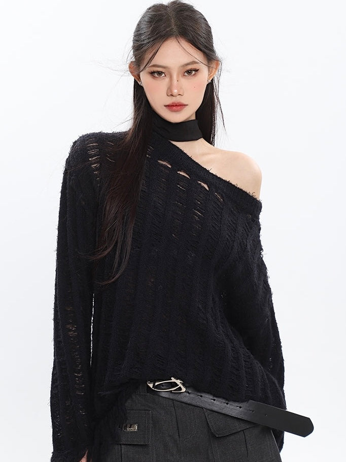 Antmvs Christine Solid Color Knitted Distressed Turtleneck Cutout Long Sleeve Sweater Top