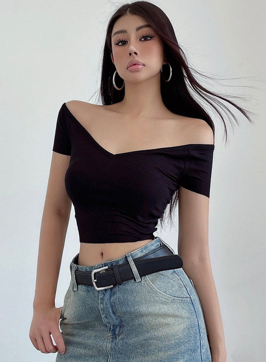 Antmvs Paulina Solid Color Short Sleeve Ribbed Off-the-Shoulder Slim Cropped Top