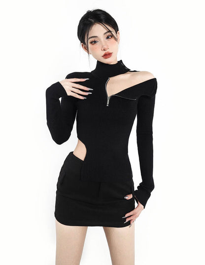 Antmvs Janiya Solid Color Turtleneck Zip Up Cut Out Asymmetrical Ribbed Long Sleeve Top