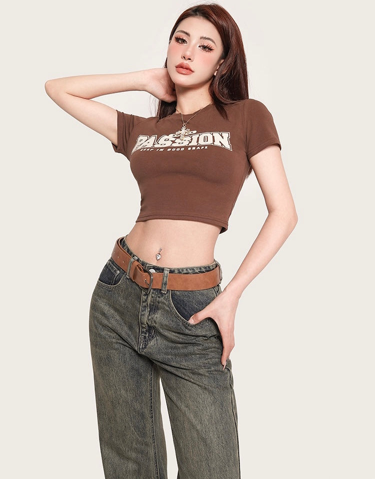 Antmvs PASSION Graphic Letter Print Solid Color Short Sleeve Cropped Top