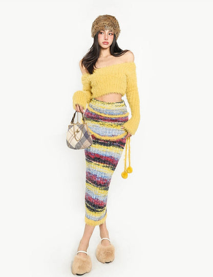 Antmvs Sandra Solid Color Yellow Long Sleeve Off the Shoulder Slim Cropped Top Stripe High Waist Slim Long Skirt Matching Set