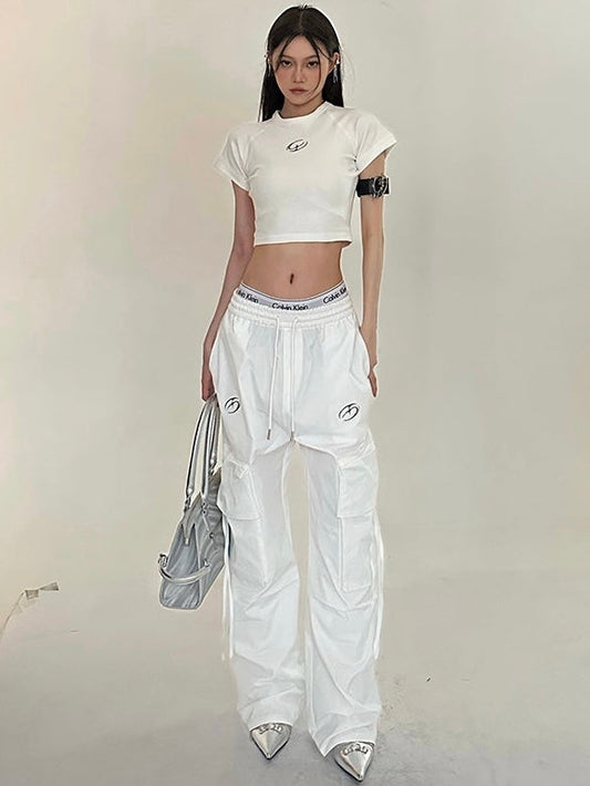 Antmvs Sia Solid Color White Slim Short Sleeve Cropped Top + High Waist Baggy Multi-Pocket Cargo Pants Matching Set