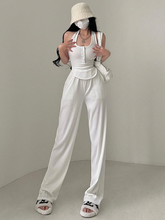 Antmvs Lia Solid Color Square Neck Wide Strap Ribbed Top + High Waist Straight Leg Pants Matching Set