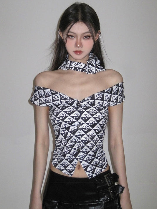 Antmvs Ceecee Contrast Color Graphic Print Black & White Off-the-Shoulder Short Sleeve Button Up Slim Cropped Top