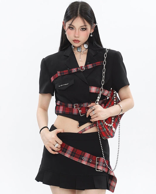 Antmvs Suzy Red Plaid Short Sleeve Waist Belt Cropped Top + High Waist Black Belt Mini Skirt Matching Set