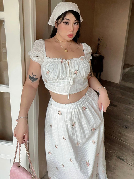 Antmvs Lionelle Plus Size White French Floral Square Neck Short Puffed Sleeve Cropped Top + High Waist Long Flowing Skirt Matching Set