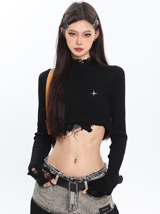 Antmvs Lexi Solid Color Irregular Design Ripped Long-Sleeved Knitted Turtleneck Asymmetrical Cropped Top