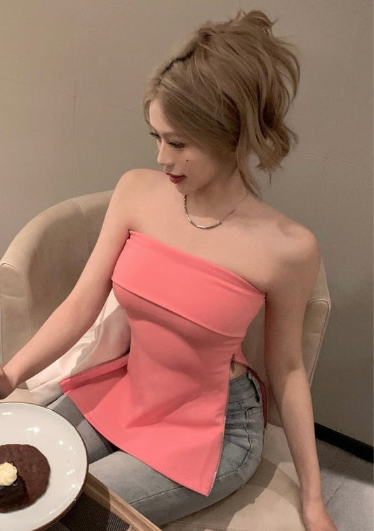 Antmvs Lotti Solid Color Pink Zippered Sleeveless Bandeau Top