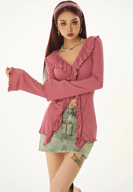 Antmvs Danika Solid Color V-Neck Ruffle Front Split Long Sleeve Slim Top