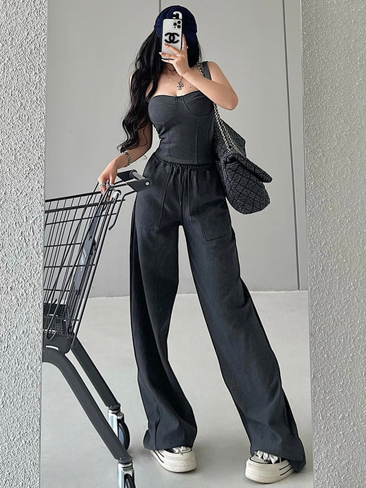 Antmvs Kiza Solid Color Fishbone Sleeveless Bandeau Top + High Waist Straight Leg Suit Pants Matching Set