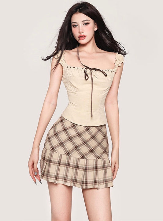 Antmvs Maya Solid Color Khaki Lace Tie Wide Sleeve Square Neck Slim Top + Khaki Plaid High Waist Mini Skirt Matching Set