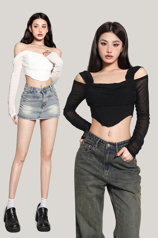 Antmvs Nadina Solid Color Mesh Fishbone Corset Strap Off the Shoulder Long Sleeve Cropped Top