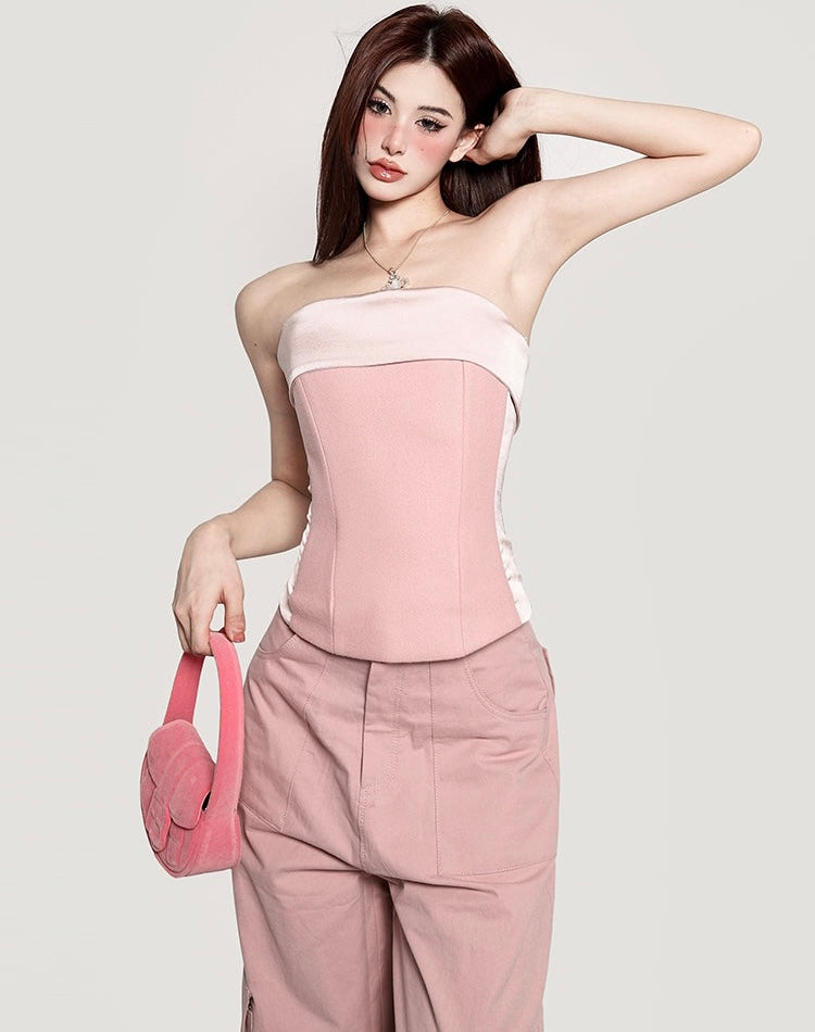 Antmvs Candy Baby Pink Fishbone Sleeveless Front Pleated Slim Corset Top