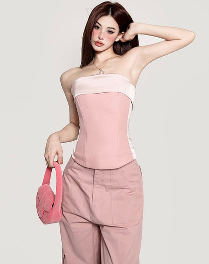 Antmvs Candy Baby Pink Fishbone Sleeveless Front Pleated Slim Corset Top