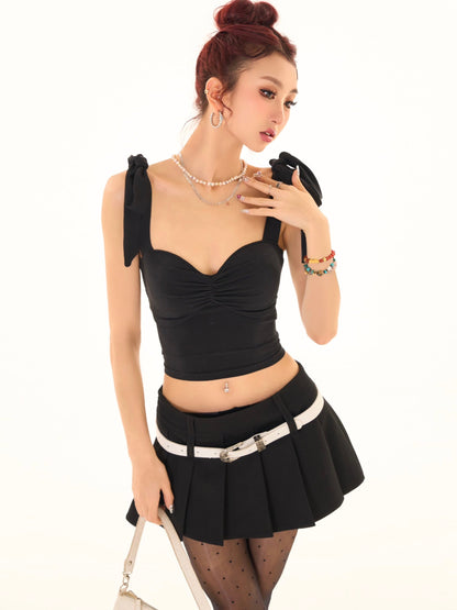 Antmvs Nora Solid Color Black Ribbon Tie Strap Slim Backless Cut Out Design Top