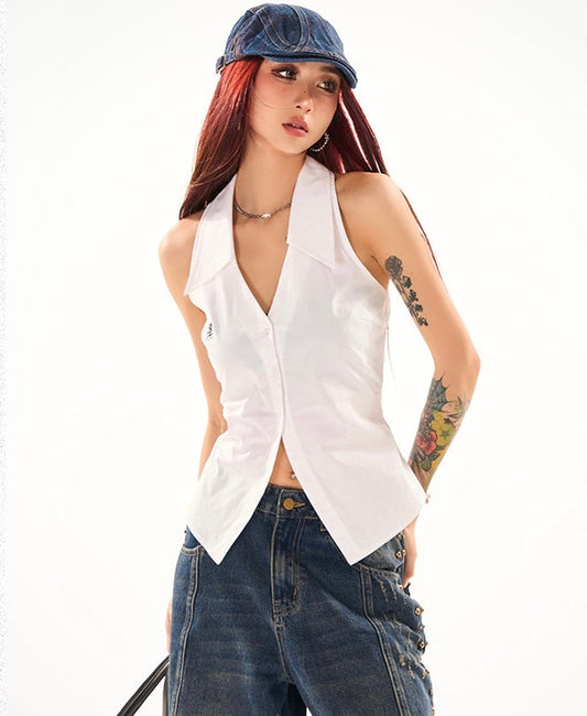 Antmvs Melinda Solid Color White V-Neck Sleeveless Button Up Office Shirt Design Top