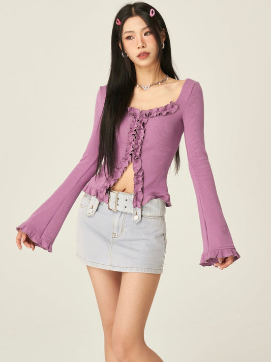 Antmvs Stella Solid Color Ruched Collar Front Slit Long Sleeve Top