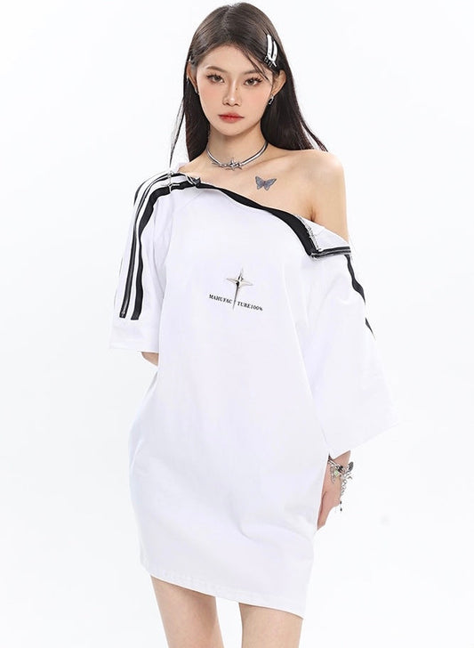 Antmvs Lany Zipper Off-the-shoulder Metal Loose Couple T-shirt Top