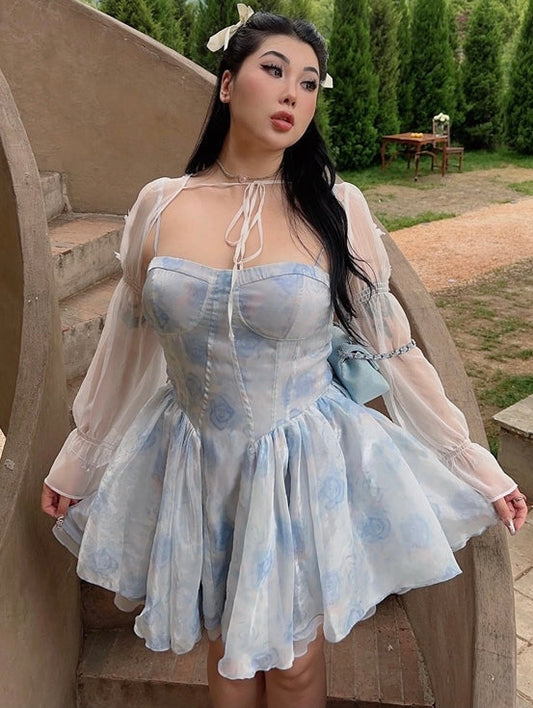 Antmvs Princess Dolly Summer Blue Sweetheart Plus Size Floral Print Dress + Blue Mesh Cardigan Top Set