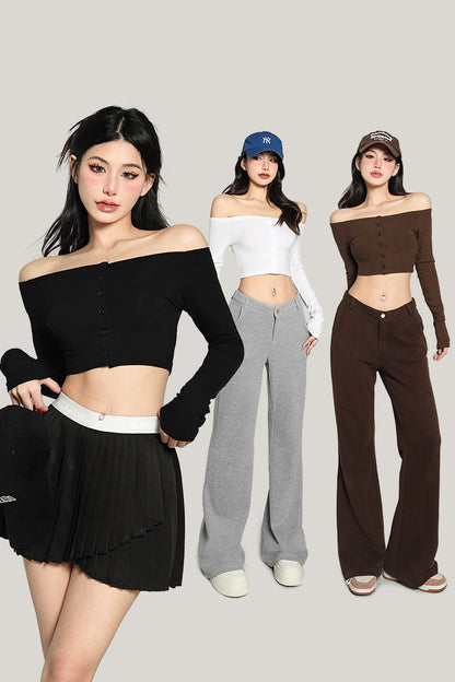 Antmvs Kiara Solid Color One-shoulder Long-sleeved Off the Shoulder Slim Cropped Top