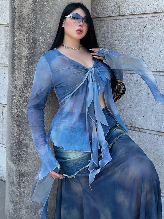 Antmvs Bia Deep Sea Mermaid Blue Plus Size Smudge-Dyed Mesh Long Sleeve Summer Front Tie Top