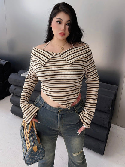 Antmvs Hilary Stripe Long Sleeve Halter Off the Shoulder Slim Crop Top