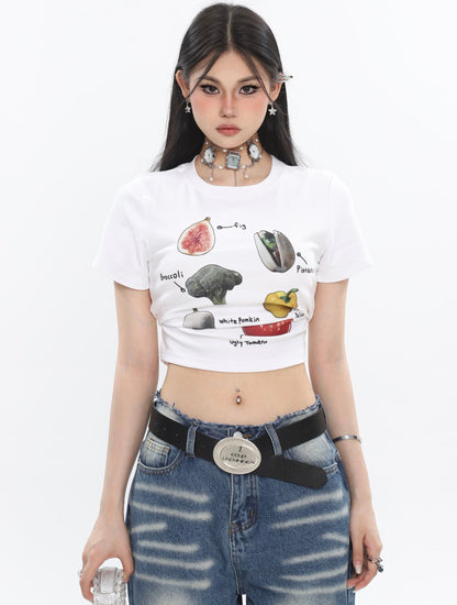 Antmvs Fruits & Veggies Love Graphic Image Print Solid Color Short Sleeve Cropped Top