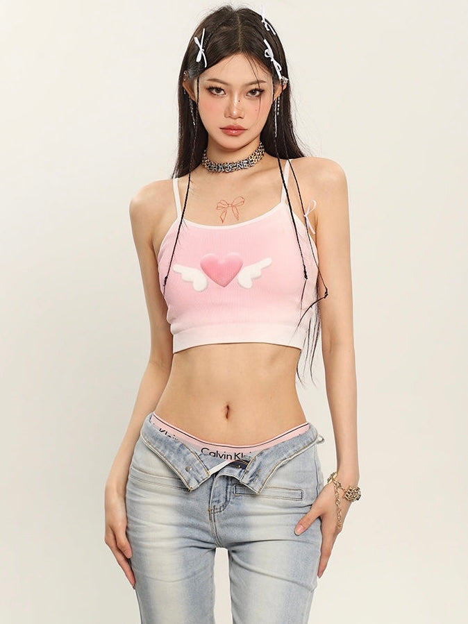 Antmvs Stella Winged Heart Pink Spaghetti Strap Camisole Slim Cropped Top