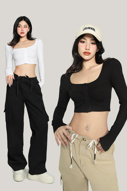 Antmvs Yielle Solid Color U-Neck Button Up Long Sleeve Slim Cropped Top