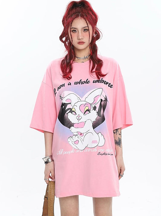 Antmvs Bunny Graphic Image Print Round Neck Loose Solid Color T-shirt Top