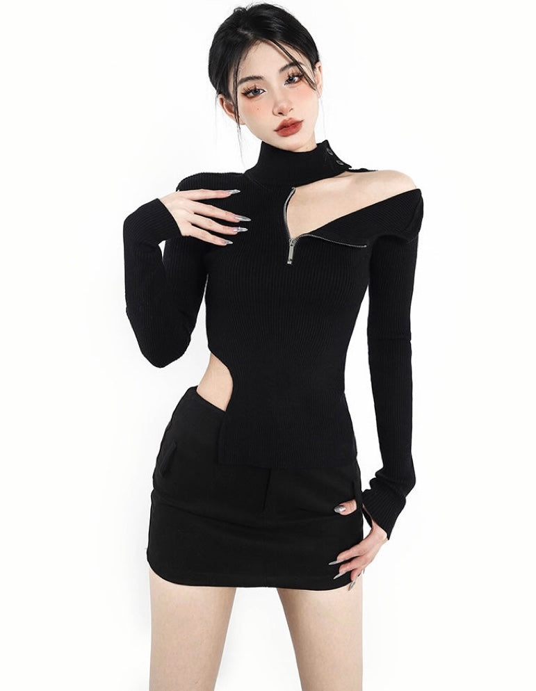 Antmvs Janiya Solid Color Turtleneck Zip Up Cut Out Asymmetrical Ribbed Long Sleeve Top