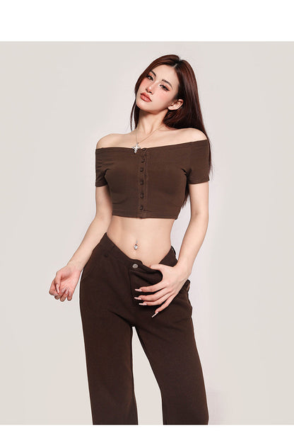 Antmvs Carla Solid Color Off-the-Shoulder Button Up Slim Cropped Top