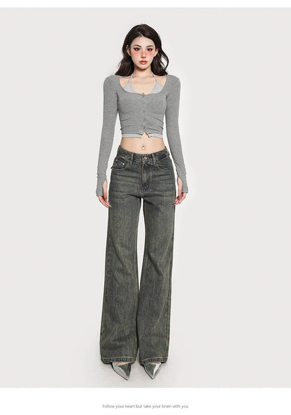 Antmvs Gwen Fake Two Piece Halter Long-sleeved Button Up Slim Cropped Top