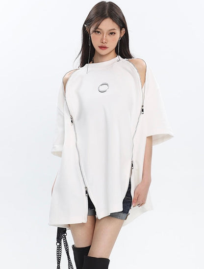 Antmvs Cenza Solid Color Multi-Zipper Short Sleeve Silver Metalic Ring Brooch Tee Shirt Top