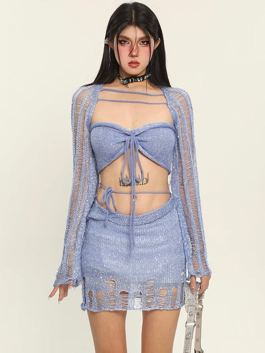 Antmvs Polly Solid Color Distressed Knitted Halter Cropped Top + Low Waist Strap Mini Skirt Matching Set