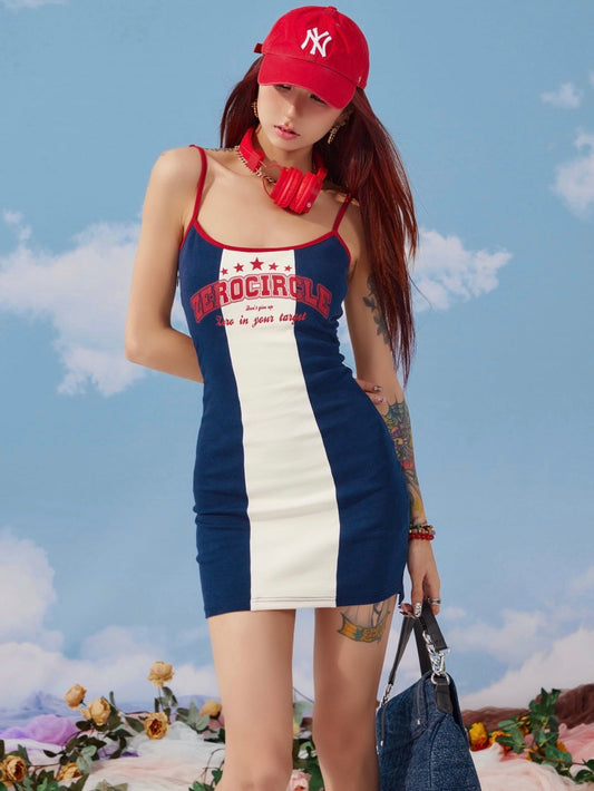 Antmvs Zerocircle Contrast Print Summer Slim Chest Pand Camisole Top Dress
