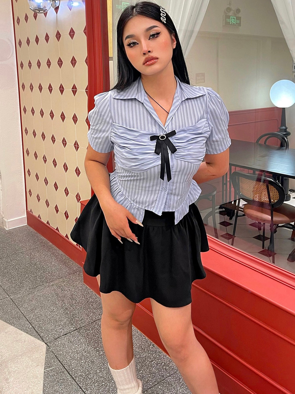 Antmvs Jennie Plus Size Blue Stripe Short Sleeve Bow Silver Brooch Button Up Top + Plus Size Solid Color High Waist Pleated Mini Skirt Cute Matching Set